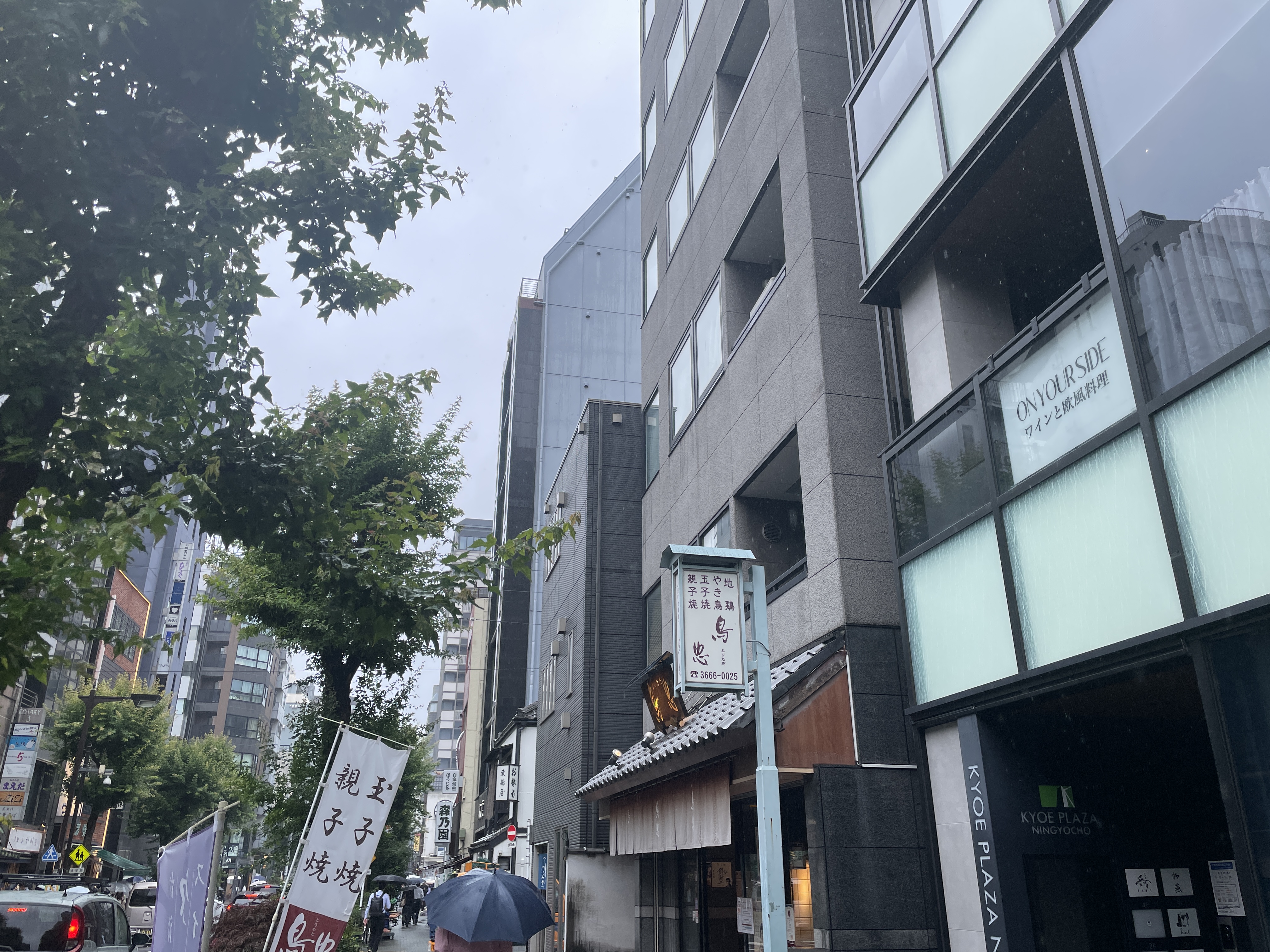 닌교초 전통 음식점 거리 — 노렌이 걸린 골목이 마쓰리 분위기와 닮아 있다