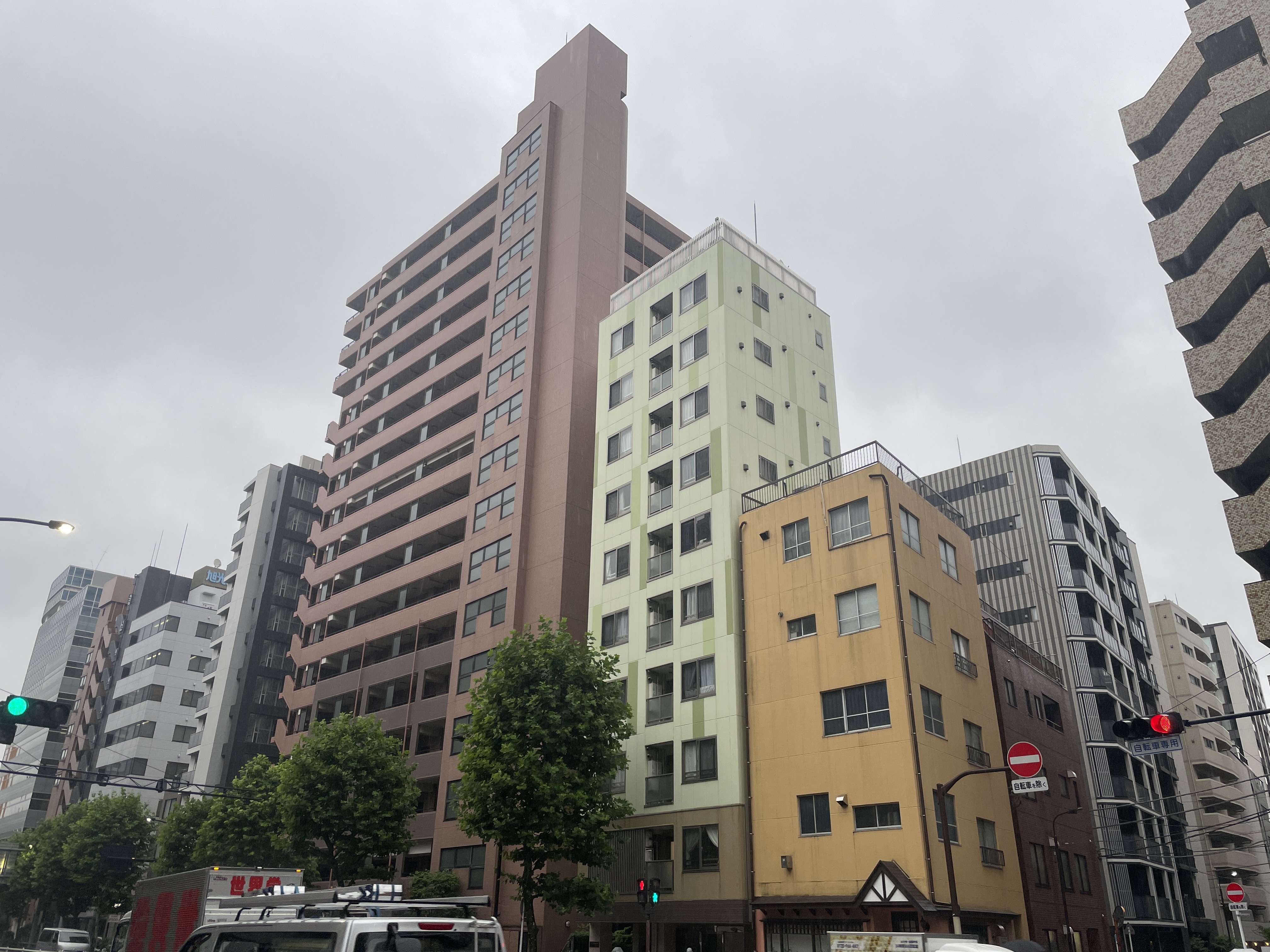 닌교초 일대 맨션 건물들 — 갈색 고층 맨션과 그 주변 주거 건물들이 모여 있는 니혼바시 생활권 거리 풍경
